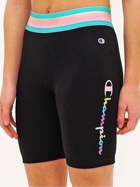 Champion• preloved Black Shorts with Pastel Rainbow Script and Striped Waistband